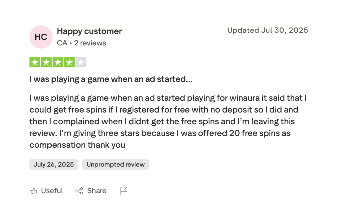 WINAURA Trustpilot Erfahrungsbericht 26. Juli 2025