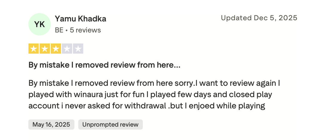 WINAURA Trustpilot Erfahrungsbericht 16. Mai 2025